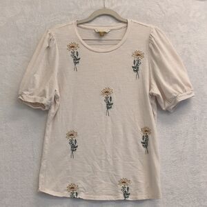 DownEast Women's Pale Pink Embroidered Sunflower Garden Shirt Size M